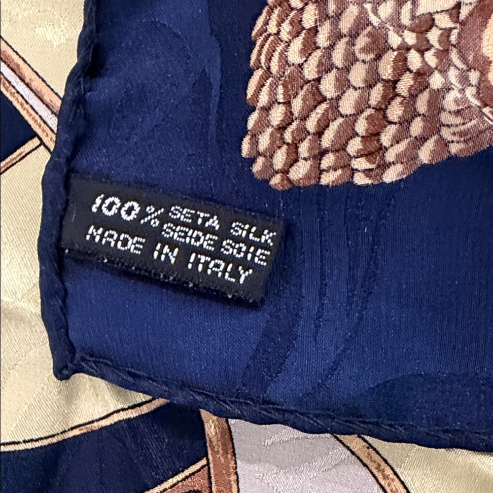 Elegant Riding Print Silk Scarf in Gold & Navy Blue - Picture 2 of 2